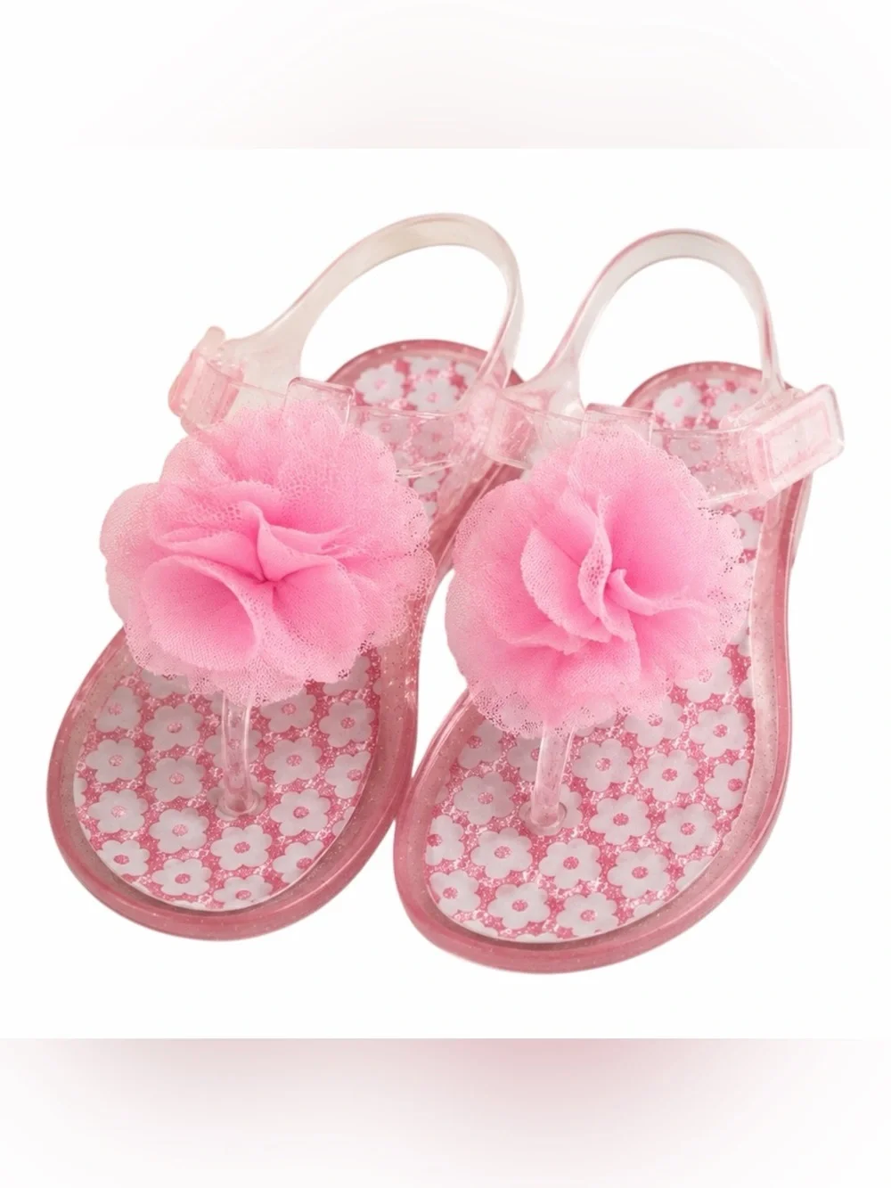 Girls Pink Glitter Jelly Sandals Flower Velcro Flip Flops Size 10